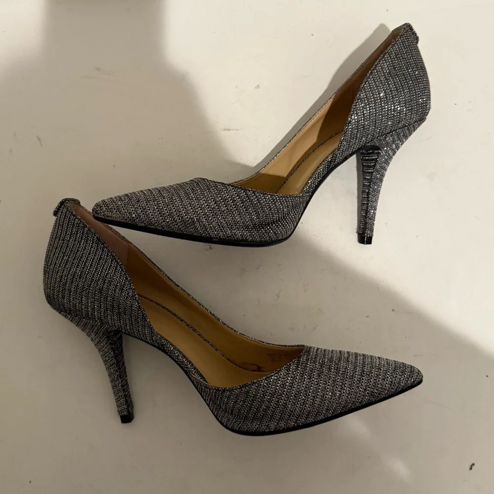 MICHAEL Michael Kors Nathalie Flex High D’Orsay Pump Heels Silver Chain Mesh 7